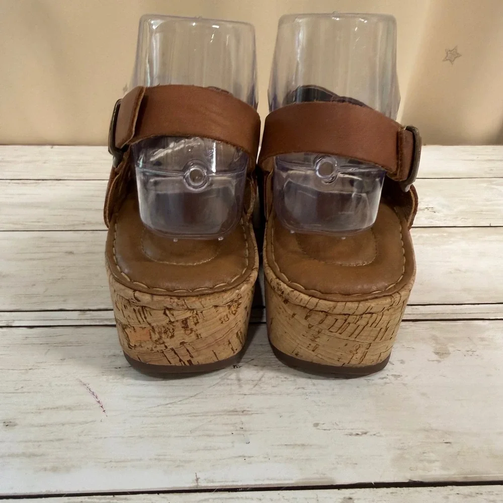 Born Wedge Sandals Womens 8 Brown Leather Strappy Woven Cork Slingback F01206